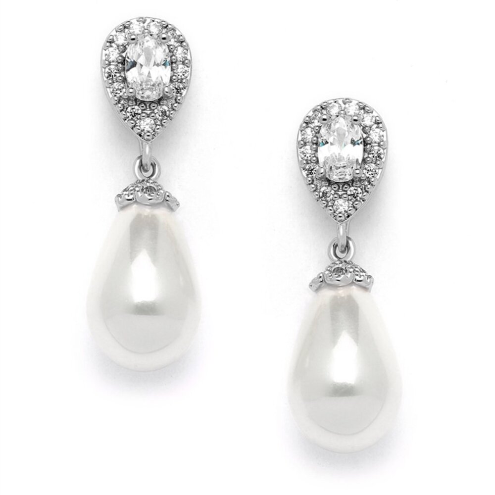 Clip On Pear Cubic Zirconia Earrings with Cream Pearl Drops